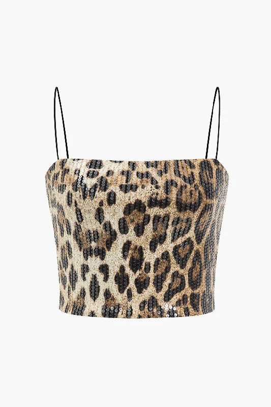 Leopard Print Sequin Shiny Cropped Cami Top