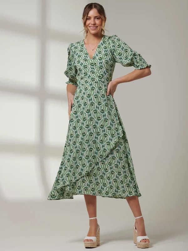 Ellie Crepe Wrap Puff Sleeve Midi Dress, Green Geo