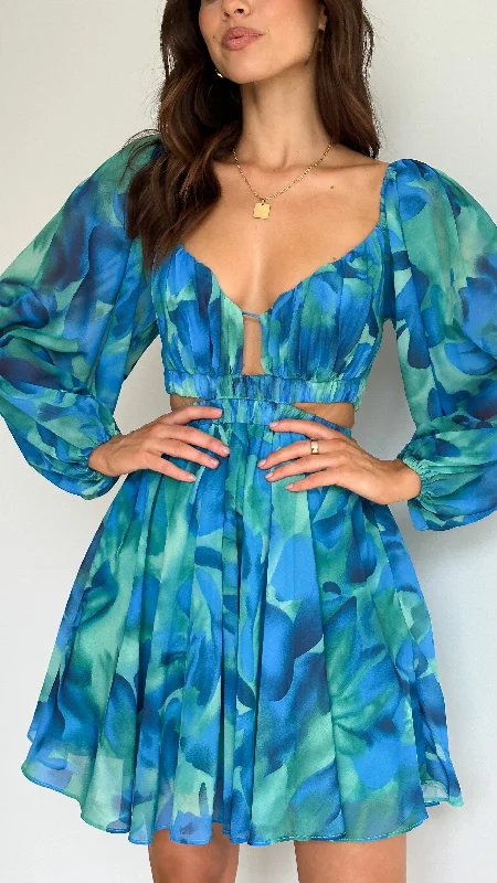 Xarissa Mini Dress - Blue / Green Print