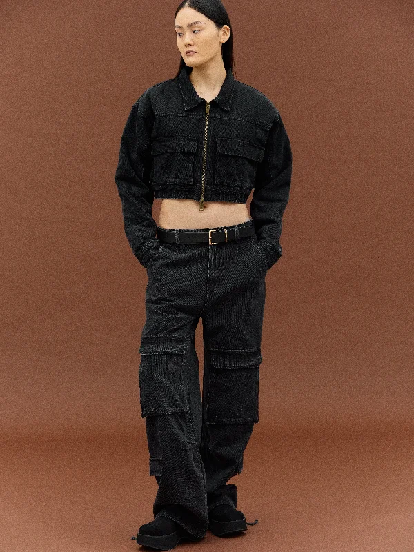 Block Cargo Denim Pants, Black Washed