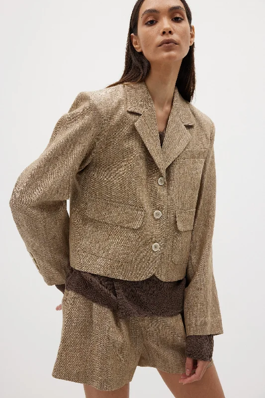 Fine Linen Cropped Suiting Jacket, Sand Castle