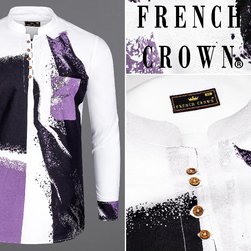 Bright White with Viola Purple and Black Printed Premium Cotton Kurta Shirt