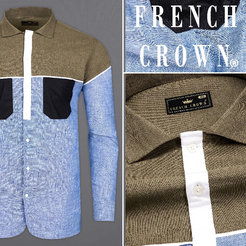 Carolina Blue with Brown and Black Luxurious Linen Designer Shirt