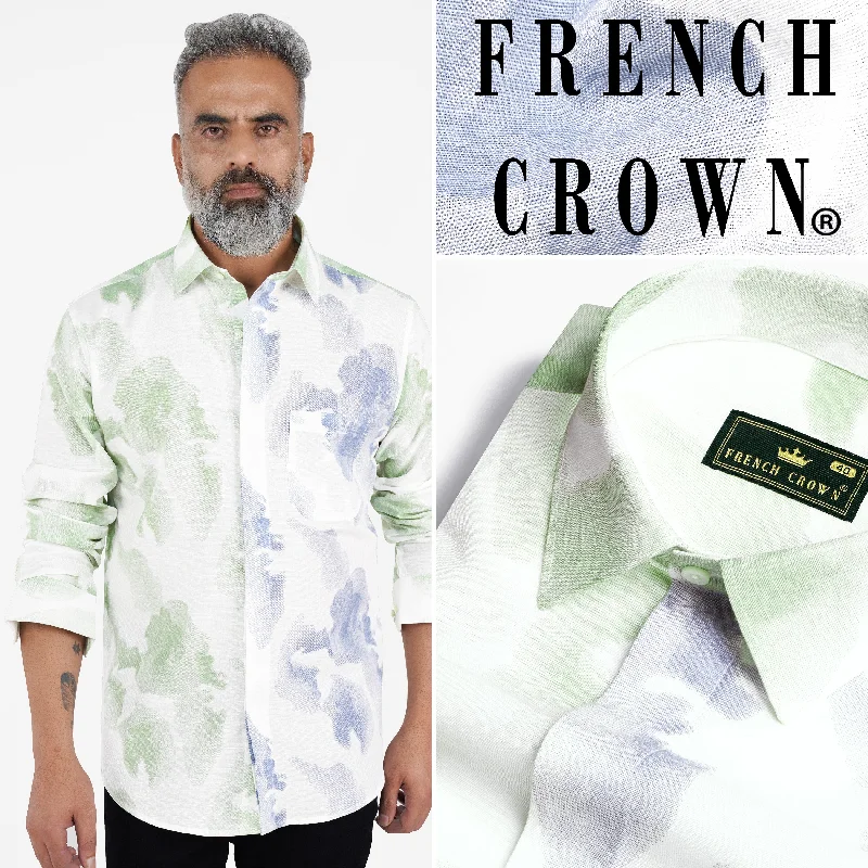 Celadon Green with White and Casper Blue Tie Dye Printed Luxurious Linen Shirt