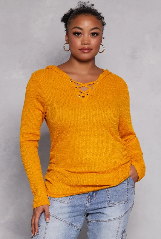 Plus Size Waffle Knit Caged Detail Hooded Top